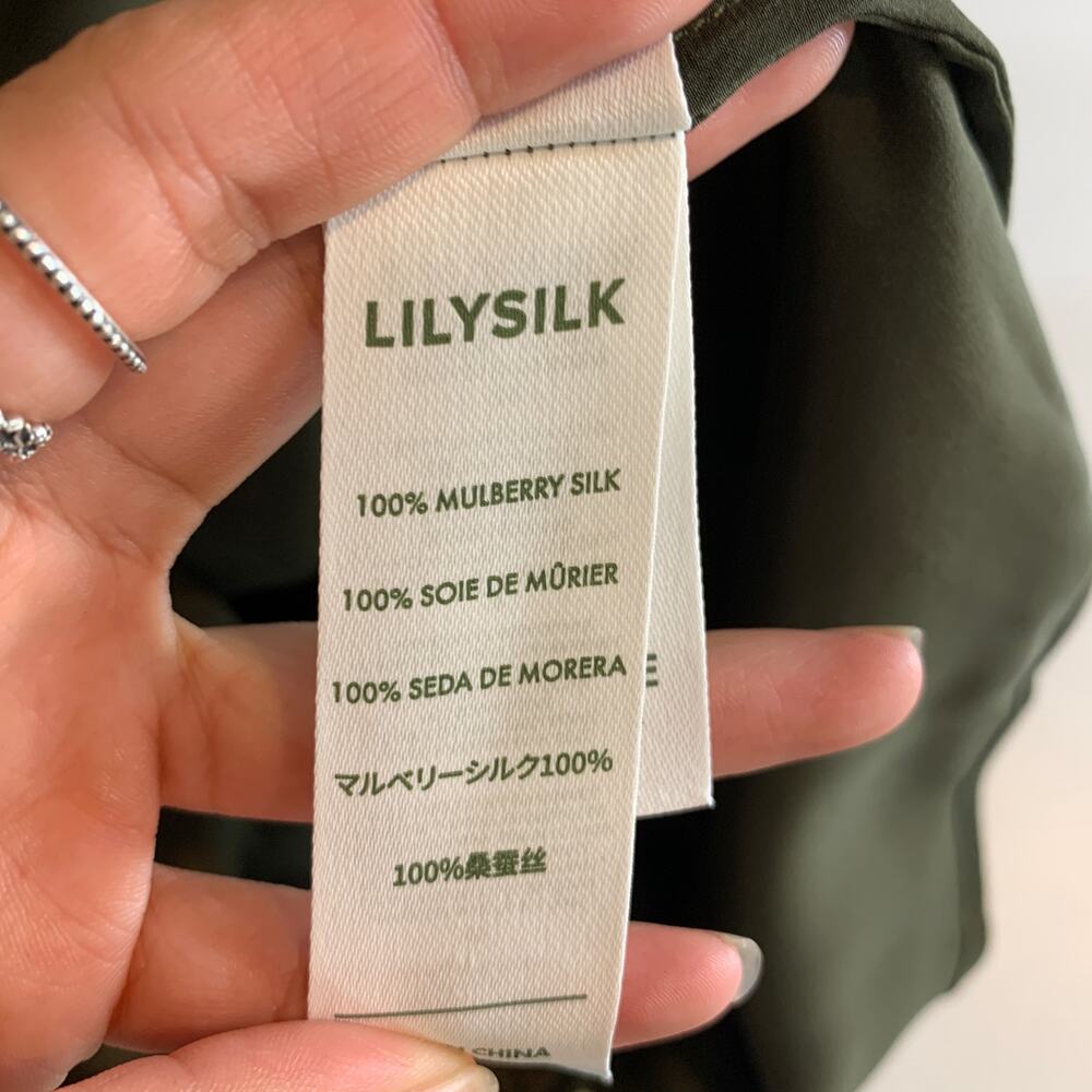 Lilysilk Shirt Womens 12 Dark Olive Mulberry Silk Satin Button Up Long Sleeve - Picture 10 of 11